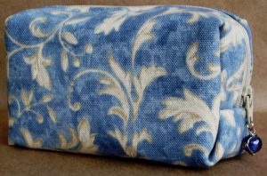 Made in USA handmade cosmetic case clutch limited edition – Blue Water Scroll Cube – front view